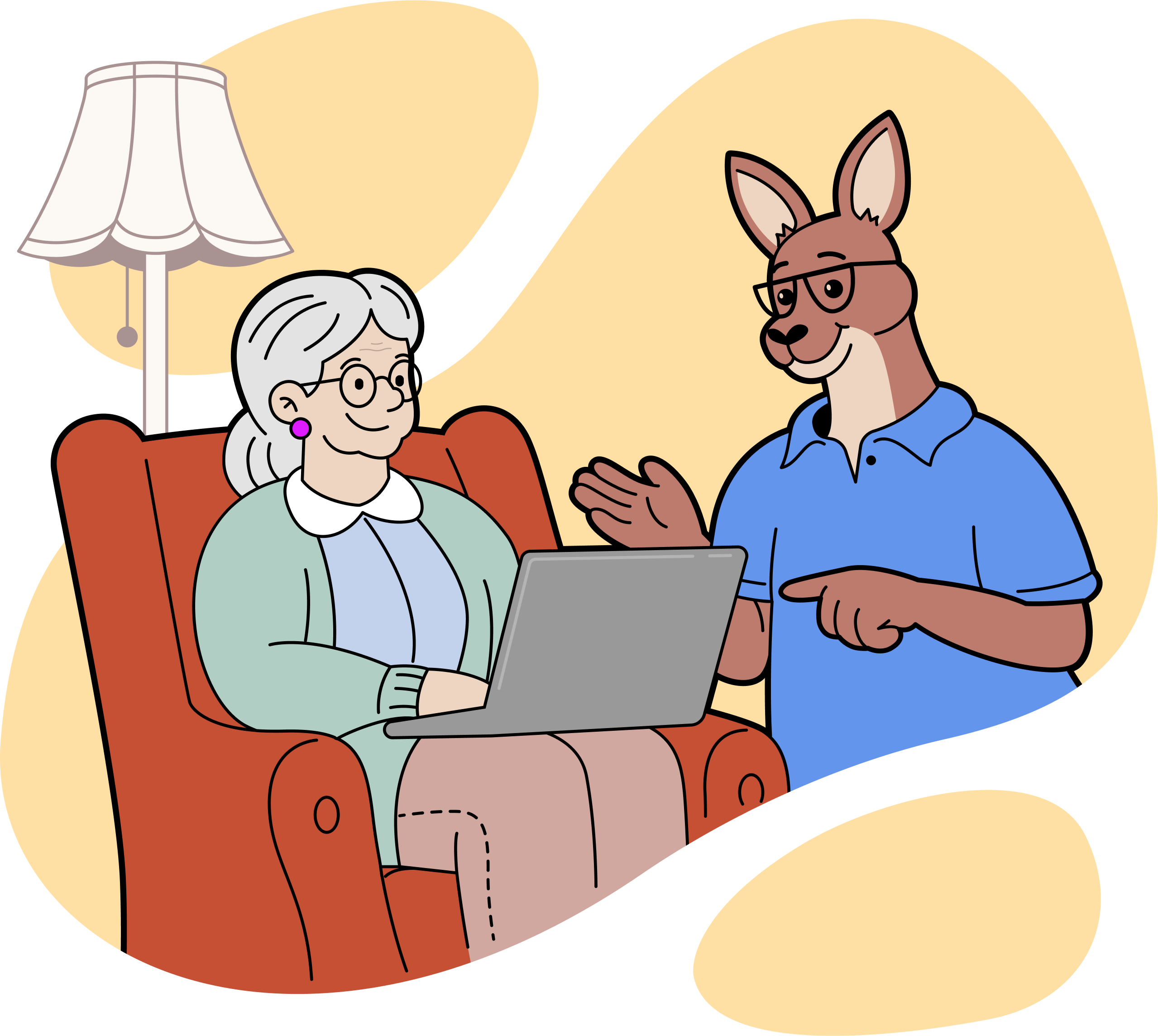 Red Roo assisting elderly lady with laptop in armchair
